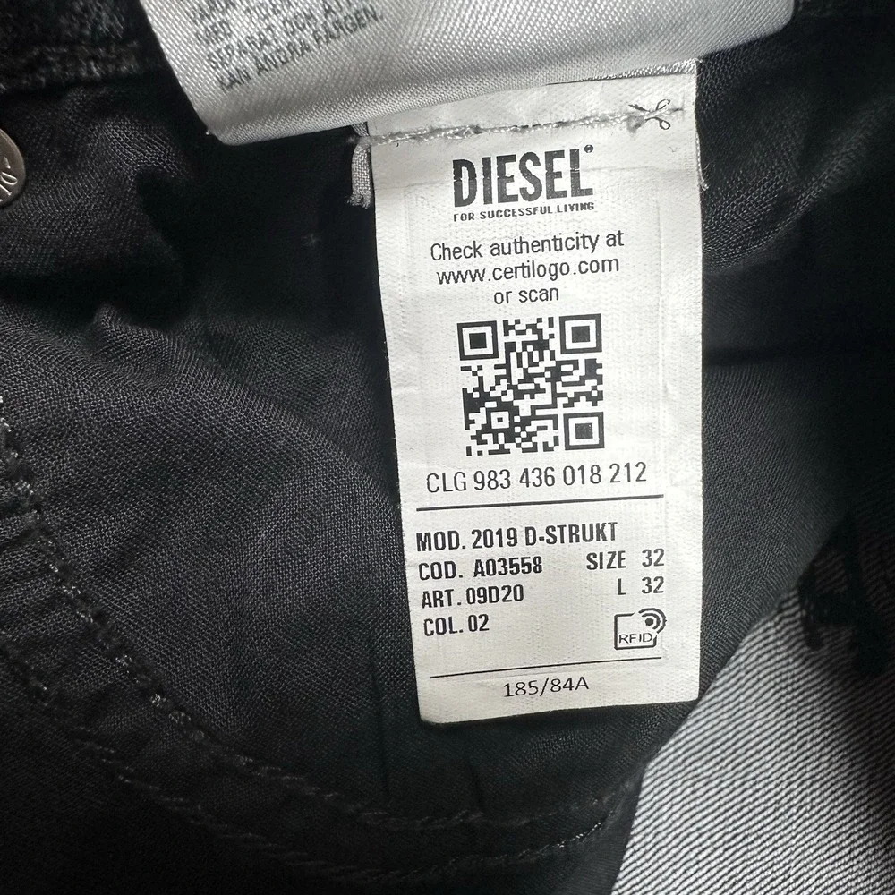 Diesel Jeans Mens 32x32 Black Denim Slim D-Strukt Stretch Distressed Grunge - Picture 11 of 11